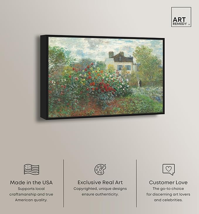 Art Remedy Monet-Garden With Dahlias Impressionism Classic Landscape Paintings Canvas Wall Art, Black Floater Frame, 30"x45"