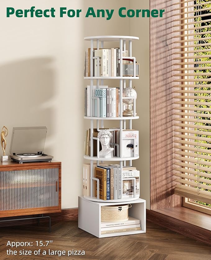 5 Tier Rotating Bookshelf with Extra Storage Cabinet, 360°Spinning Corner Bookshelf, Floor Standing Bookcase for Kids & Adult, Narrow Book Shelf for Bedroom Living Room, Pure White