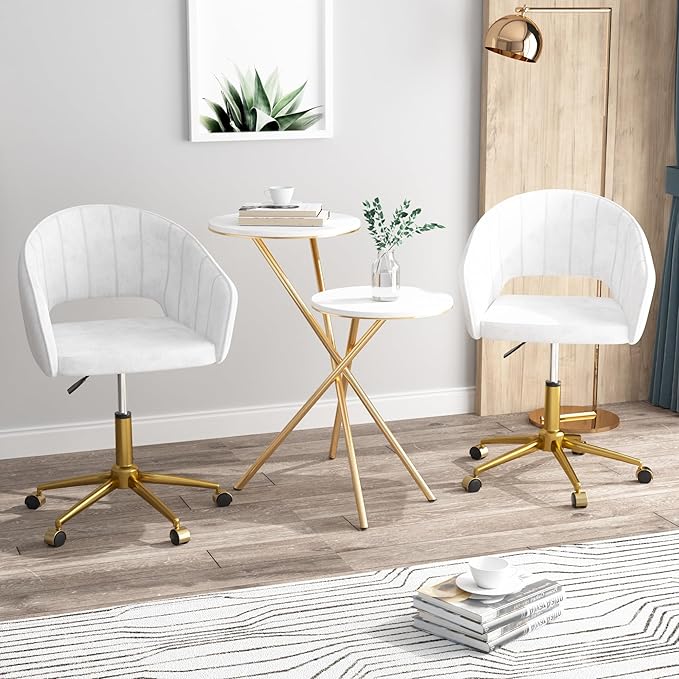 VECELO Velvet Accent Chair Set of 2, Adjustable Luxury Vanity & Dining Chair with Gold Rolling Base, 360°Swivel Upholstered Armchair for Living Room, Bedroom, Home Office, Pearl White