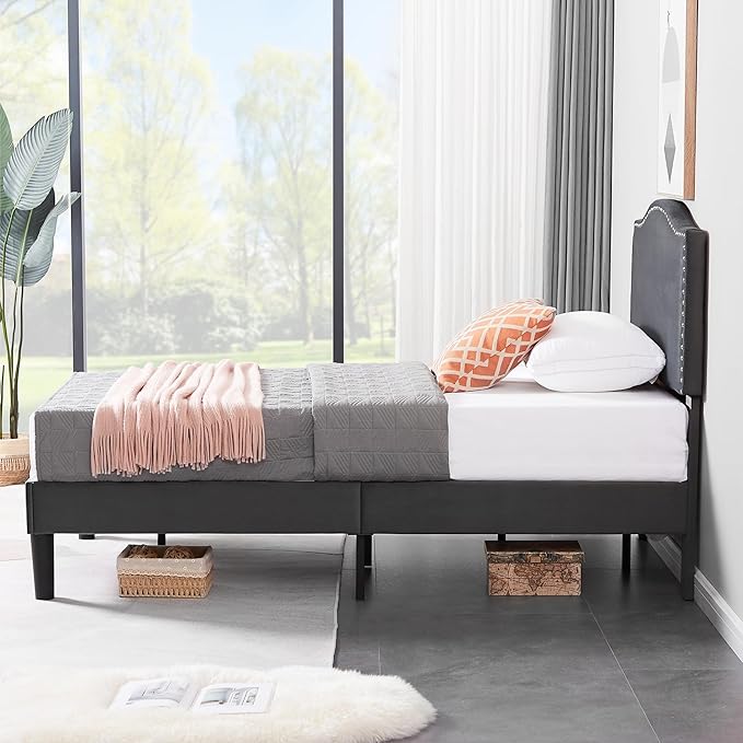 VECELO Twin Bed Frame, Platform Bed Frame with Adjustable Height Upholstered Headboard, Heavy-Duty Frame and Strong Wooden Slats Support, Non-Slip and Noise-Free, Easy Assembly, Dark Grey