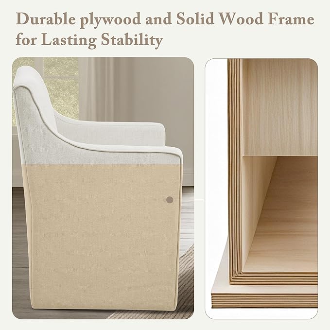 Madison Park Dining Chair with Hidden Casters, 20" Thick Seat Foam Cushion, Upholstered, Padded, Modern Farmhouse Dining Chair, Fully Assembled, Charlotte, 34" H, Cream