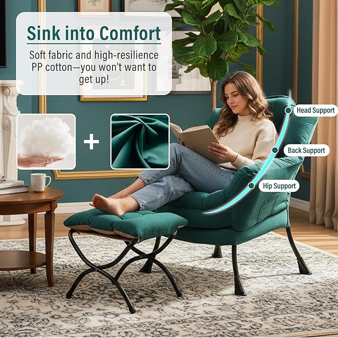 Lazy Chair with Ottoman, Modern Chair with Folding Footrest, Dark Green Accent Chair, Comfortable Reading Chair, Oversized Armchairs for Bedroom, Study, Living Room, Courtyard