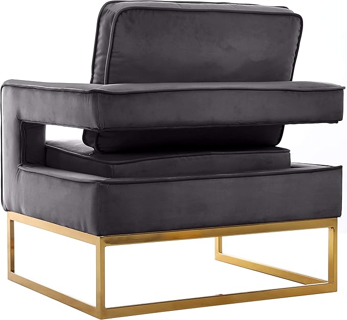 Meridian Furniture Noah Collection Modern | Contemporary Velvet Upholstered Accent Chair with Durable Stainless Steel Base, Grey, Gold Base