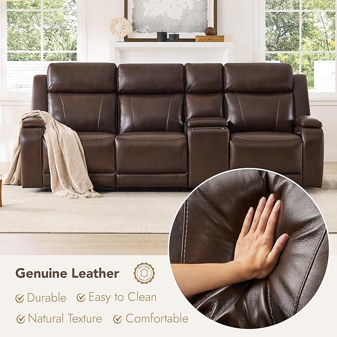 Watson & Whitely Genuine Leather Power Recliner Sofa with Console, 3 Seater Zero Gravity Reclining Sofa with Power Headrest & Flip Middle Backrest Table, Cup Holders for Living Room, Dark Brown
