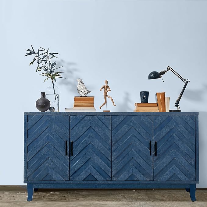 60" Accent Sideboard with Adjustable Shelf,Modern Farmhouse Accent Cabinet W/Solid Wood Legs,Console Credenza Buffet Table,for Kitchen Dining Room Entryway Hallway,Antique Navy Blue