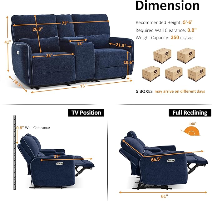MCombo 75" Wall Hugger Power Loveseat Recliner Sofa with Console and Adjustable Headrest, RV Reclining Loveseat with USB Ports for Living Room 6926 (Navy Blue, Loveseat with Console)