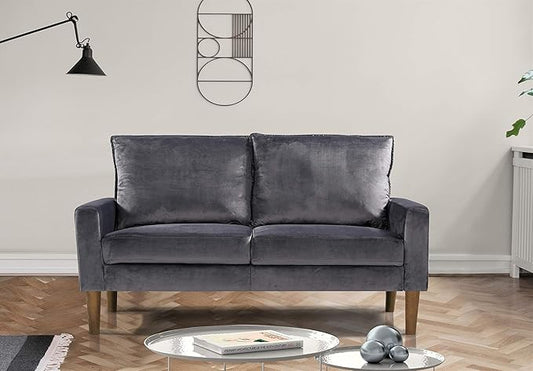 Container Furniture Direct Petit Mid Century Modern Velvet Loveseat for Small Spaces, Upholstered 2 Seater Couch for Living Room and Bedroom, Easy Assembly, Grey