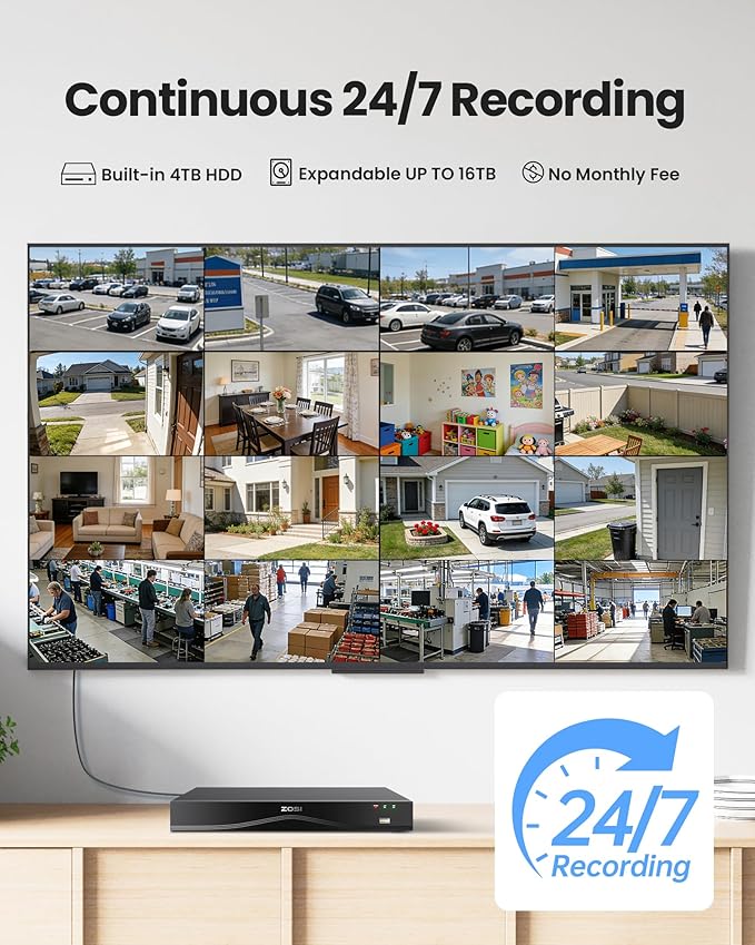 ZOSI 4K 16CH PoE NVR Security Camera System, 12 x 8MP PoE IP Camera Outdoor Indoor with AI Human Vehicle Detection, Night Vision, IP66 Weatherproof, 4K 16CH NVR with 4TB HDD for 24/7 Recording