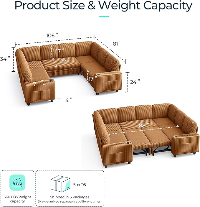 LINSY HOME Sectional Sleeper Sofa with Pull Out Couch Bed - Convertible Plush Corduroy Cloud Couch with Storage Chaise & USB Charging, Comfy Modular Couches for Living Room, Brown