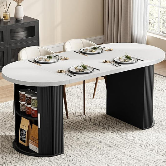 IRONCK 71" Fluted Oval Dining Table for 4-6, Modern Farmhouse Kitchen Table with Storage Shelves, Thickened Gray & White Quartz Top and Sturdy Base for Dining Room or Home Office, Black