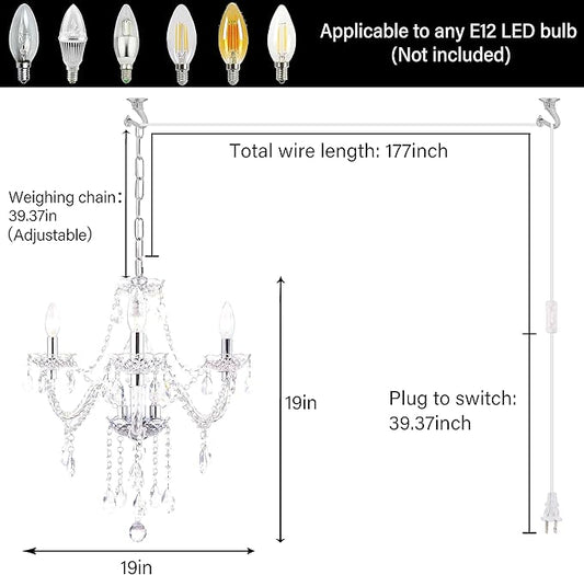 Plug-in 3 Light Crystal Hanging Pendant Lights Acrylic Chandelier with Clear Cord & On/Off Switch H19 D19 for Kitchen Island Girls' Room Dining Area Laundry Pavilion.