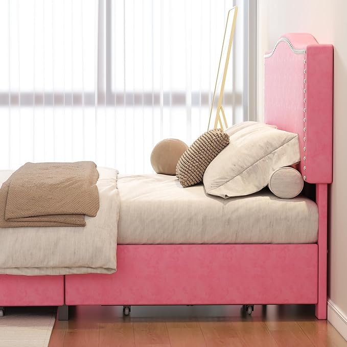 VECELO Full Bed Frame, Platform Bed Frame with Underbed Storage Drawers and Adjustable Height Upholstered Headboard, Heavy-Duty Frame and Strong Wooden Slats Support, Noise-Free, Easy Assembly, Pink