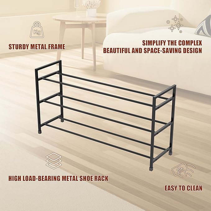 3-Tier Shoe Rack Storage Organizer for Closet, Small Space, Front Door, Sturdy Metal, Black