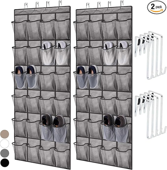 HOME GENIE Over the Door Hanging Shoe Organizer, 2 Pack, 24 Breathable Mesh Pockets, Closet Rack Storage Holder Stay in Place Hooks Hang on Closets, Hanger Holds Up to 40 lbs, Shoes, Accessories, Gray