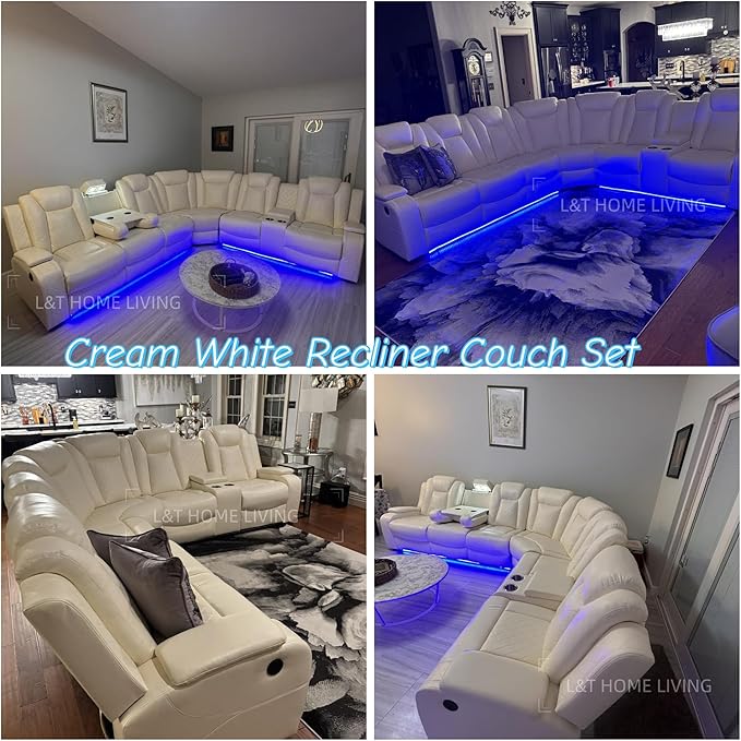 Power Recliner Sectional Sofa with LED Light, Breathing Leather Recliner Sofa Couch with USB Port/Cup Holder/Storage for Living Room (6 Seat Reclining Sectional Couch) (Cream White-1)