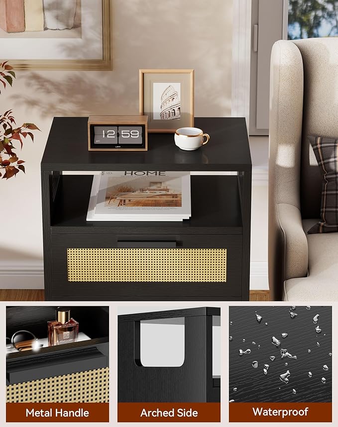 YMYNY Rattan Nightstand Set of 2, Boho Side Table with 2 Drawers, Open Shelf Unit with Arched Design, Solid Wood Legs, Storage Cabinet for Bedroom, Black UHST015B-2