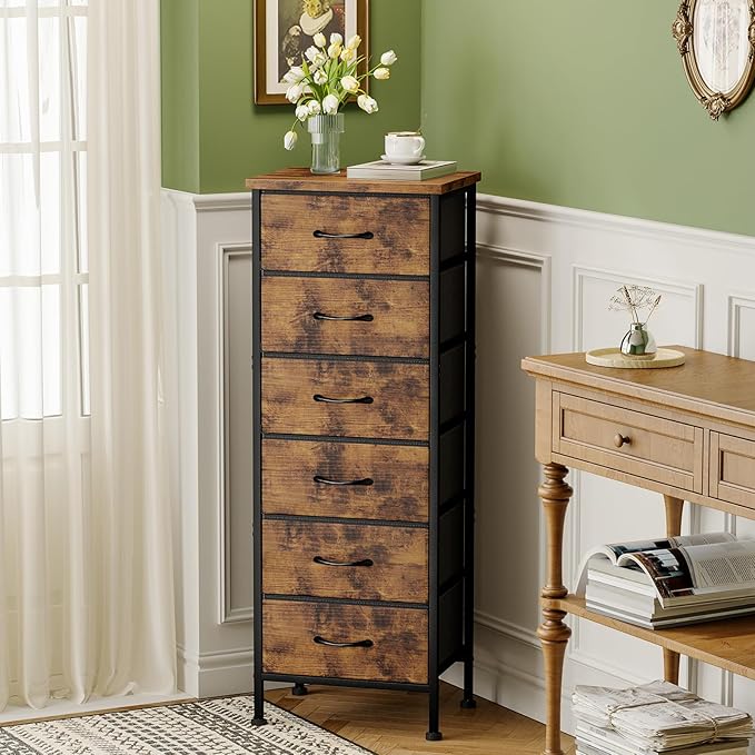 Fixwal Tall Dresser for Bedroom Closet Organizers and Storage Tall Fabric Dresser with 6 Drawers, Small Clothes Storage Girl Bedroom Furniture, Rustic Brown
