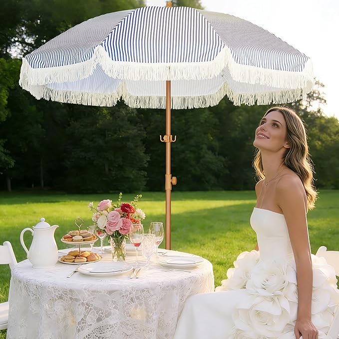 HOMEDEMO Boho Patio Umbrella with Fringe, Outdoor Tassel Umbrella with UPF50+ Sun Protection and Push Button Tilt, Premium Aluminum Pole & Fiberglass Ribs, Includes Hanging Hook