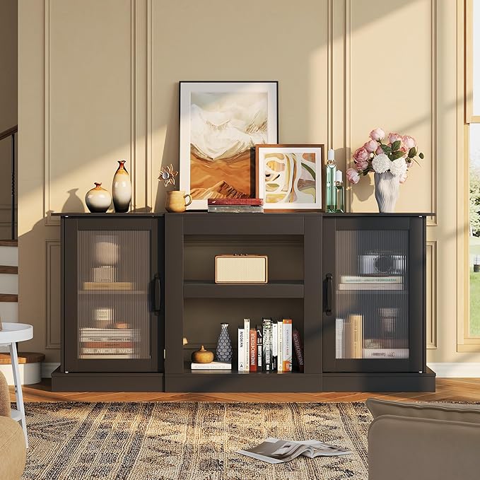 WLIVE Farmhouse TV Stand for 65 inch TV, 58" Entertainment Center with Storage Cabinets, Open Shelves TV Console for Living Room and Bedroom, Black