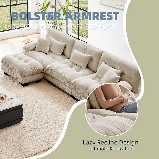 133.8" U-Shaped Cloud Couch, Oversized Modular Sectional Sofa, Deep Seat Cloud Boneless Couch, 3-Seat Modular Sectional Sofa with 2 Ottoman or Living Room,Bedroom and Apartment, Light Coffee