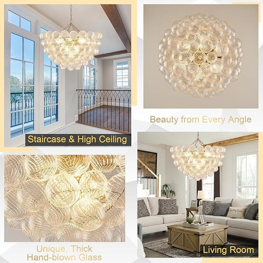 Bubble Chandelier for Dining Room, Dia 31.5" Gild Gold Brass Chandelier 10-Light Clear Ball Hand Blown Glass Chandeliers for Living Room Entryway Round Cluster Globe Chandeliers (G9 LED Base)