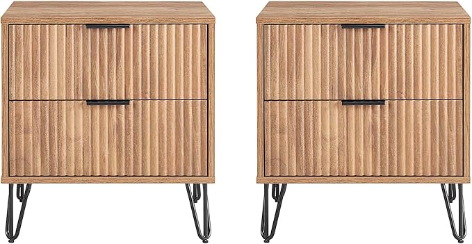 Manhattan Comfort Dumbo Modern Nightstand 2.0 with 2 Metal Feet | Stylish Splayed Gold Legs | Vertical Ribbed Drawer | Perfect for Bedroom, Set of 2, Golden Brown