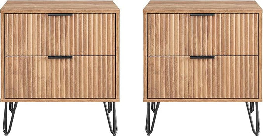Manhattan Comfort Dumbo Modern Nightstand 2.0 with 2 Metal Feet | Stylish Splayed Gold Legs | Vertical Ribbed Drawer | Perfect for Bedroom, Set of 2, Golden Brown