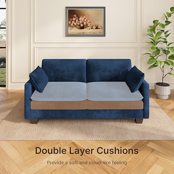 Gizoon 75” Small Cloud Loveseat Couches for Living Room, 2 Seater Love Seat Sofa with Comfy Deep Seat, Small Washable Couches with Removable Corduroy Cover for Apartment, Blue