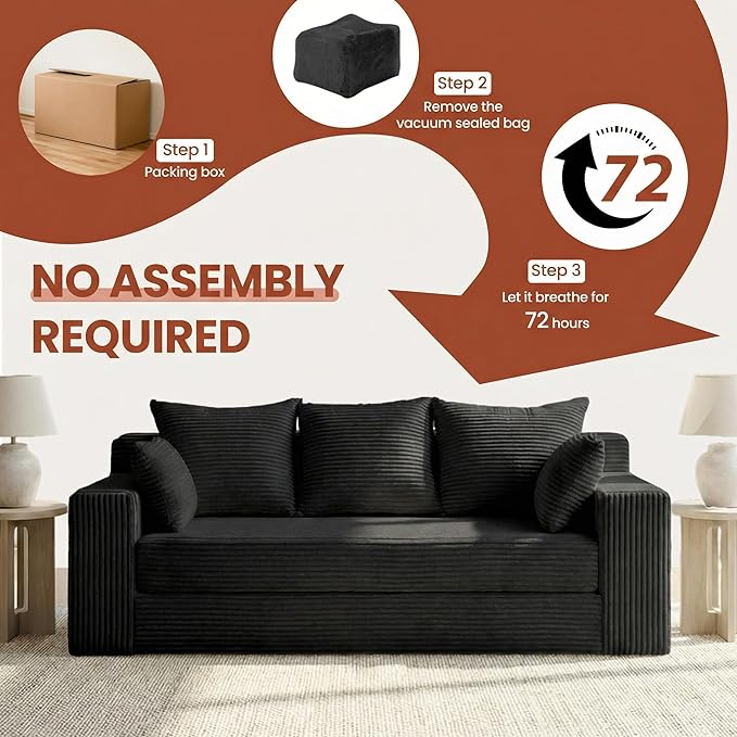 Convertible Sofa Bed, 5 in 1 Small Boneless Couch Pull Out Loveseat Sleeper Sofa,Corduroy Futon Couch Folding Mattress with 4 Pillows for Living Room (Black02, 3 Seater)
