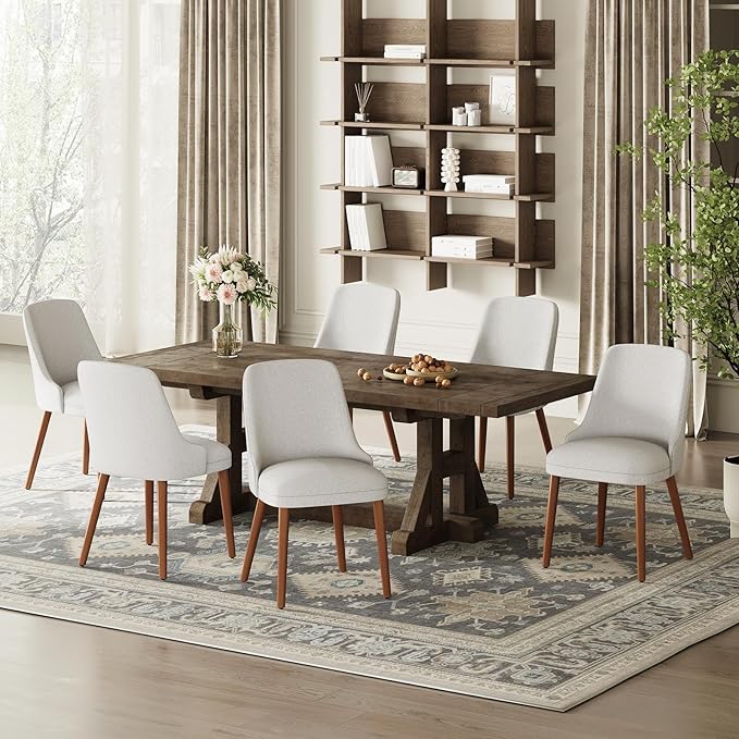 Dining Chairs Set of 6, Upholstered Dining Room Chair with Wood Legs, High-Back Padded Kitchen Chairs for Dining Room/Restaurant/Cafe, Light Grey