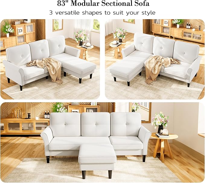 Kidirect 83" Sectional Couch, Velvet L-Shaped Couch 3 Seater Sectional Couches for Living Room, Comfy Fluffy Deep Seat Loveseat, Modular Sectional Sofa with Ottoman for Apartment Office, White Couch
