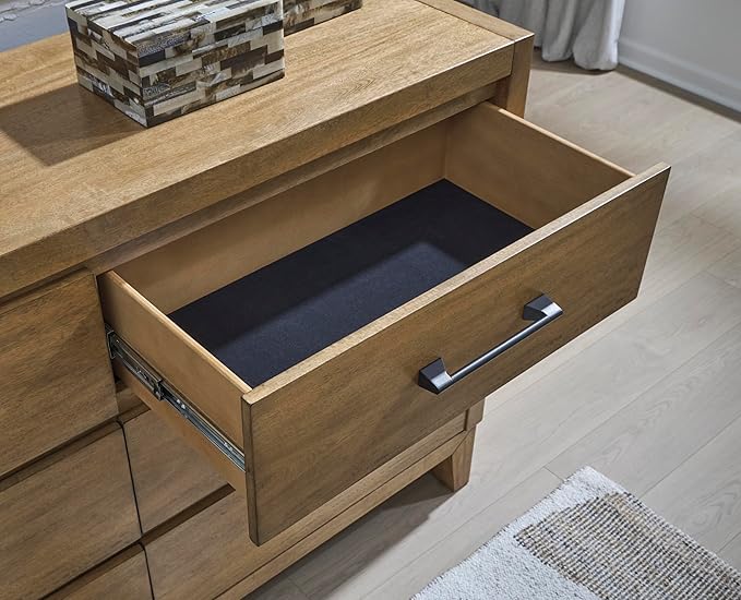 Signature Design by Ashley Sherbana Casual 6-Drawer Dresser and Mirror with Safety Stop and Felt-Lined Top Drawer, Light Brown