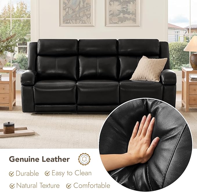 Watson & Whitely Genuine Leather Power Recliner Sofa, 3 Seater Wall Hugger Reclining Sofas with Power Headrest, USB & TypeC Ports, Electric Recliner Couch Set for Living Room, Black
