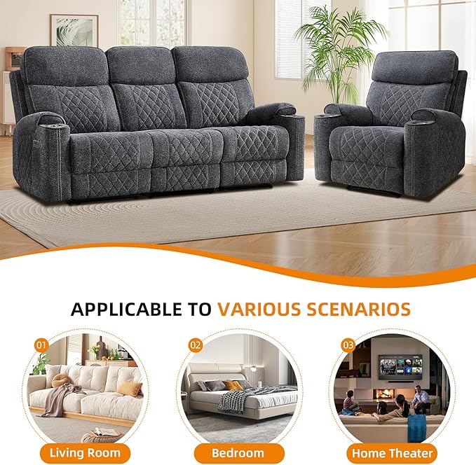 EBELLO Power Reclining Sofa Set, Fabric Electric Recliner Chair and 3 Seater Sofa Couch with Cup Holders, USB and Type-C Charging Ports and Storage Space, 4 Seats for Small Living Room, Grey