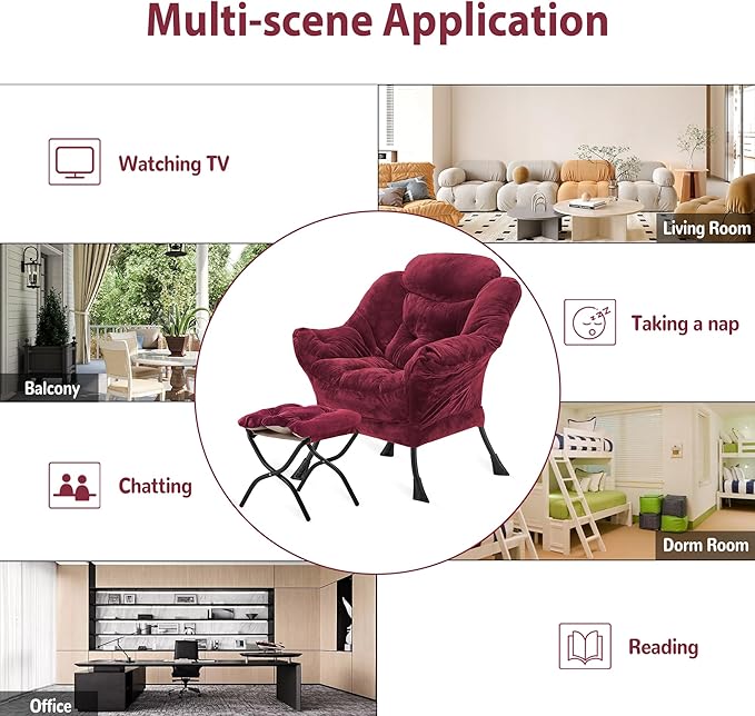 Lazy Chair with Folding Ottoman, Accent Chair Plush Upholstered with Metal Structure and Non-Slip Pads, Sofa Armchair with Footrest and Side Storage Bag for Dorm, Room, Office, Rose Red