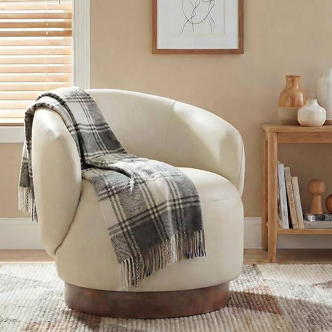 Swivel Accent Chair Modern Round Barrel Armchair with Upholstered Faux Leather for Living Room Bedroom Waitingroom,2 Box,Cream