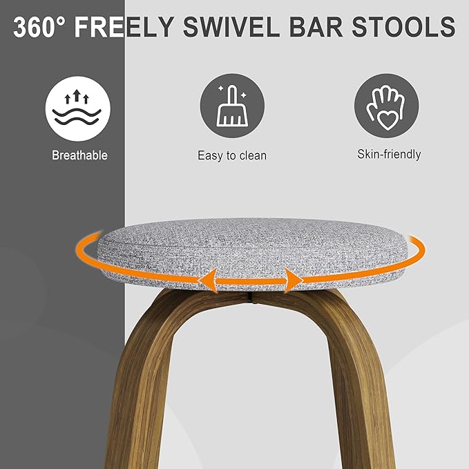 Bar Stools Set of 2, Counter Height Backless Bar Stools, 26" Swivel Barstools Kitchen Chair with Upholstered Fabric Seat, Gray