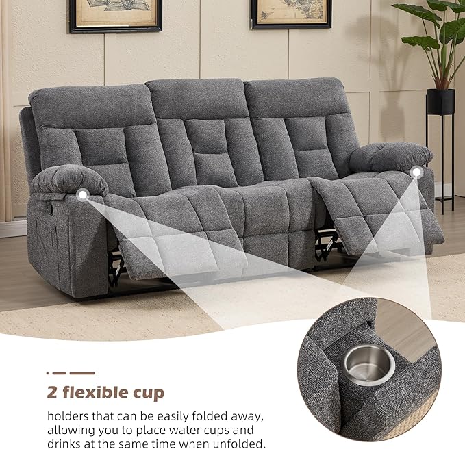 CANMOV 3 Seat Manual Recliner Sofa, Modern Reclining Sofa with Overstuffed Armrest, Hidden Cup Holders, for Living Room, Grey