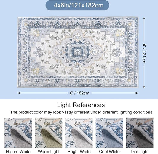 MOSISO 4x6 Area Rug for Living Room, Washable Area Rug, Non-Slip Vintage National Area Rugs, Low Pile Carpet, Faux Wool Rectangular Area Rugs Carpet for Living Room Bedroom Dining Room, Home, Blue