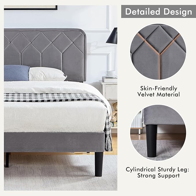VECELO Queen Size Bed Frame, Velvet Upholstered Platform with Adjustable Headboard, Mattress Foundation with Solid Wood Slats, No Box Spring Needed, Easy Assembly