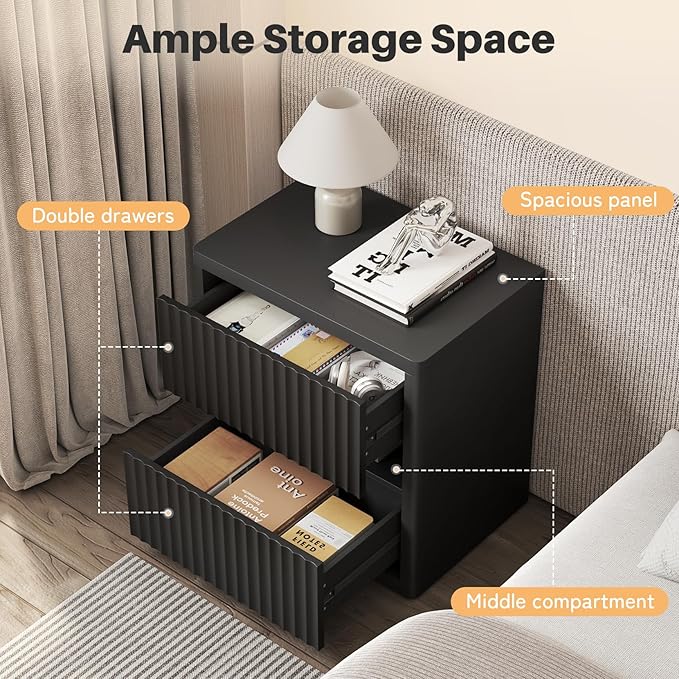 Dripex Fluted Nightstand Set of 2, 22'' Wide Night Stand with 2 Large Drawers, Mid Century Modern Wood Bedside Table with Open Shelf, Large Bed Side End Table for Bedroom, Black