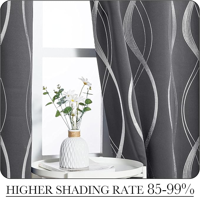 NICETOWN Blackout Curtains for Bedroom, Foil Printed Wave Lines Energy Saving Thermal Insulated Solid Grommet Blackout Draperies for Patio Hall Studio (1 Pair, 52 inches by 95 inches, Grey)