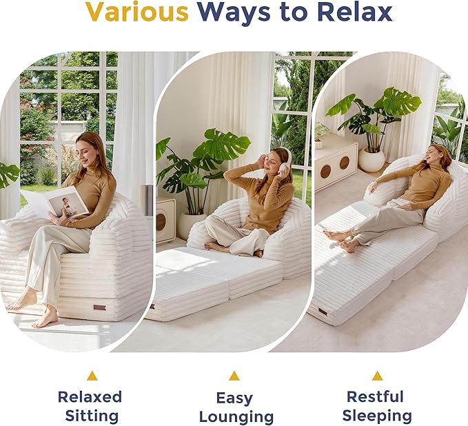 MAXYOYO Folding Sofa Bed, 2 in 1 Convertible Sofa to Lounger Comfy Faux Fur Bean Bag Chair for Adults, Floor Single Sleeper Couch Chair with Handle, Couch Bed for Living Room Bedroom, Beige