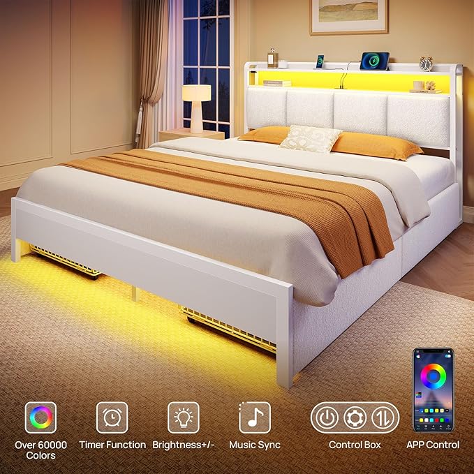 Rolanstar Bed Frame Full Size with Charging Station and LED Lights, Upholstered Storage Headboard with Drawers, Heavy Duty Metal Slats, No Box Spring Needed, Noise Free, Easy Assembly, White