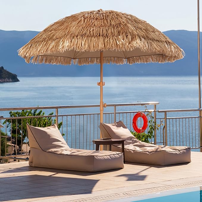 Seazul 6.5ft Hula Tahtched Tiki Patio Umbrella, Beach Umbrella Hawaiian Style with Hanging Hook and Tilt Design, 8 Ribs with Carry Bag for Outdoor Tiki Bar, Tropical Palapa, Garden, Pool, Natural
