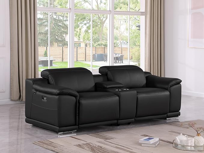 BlackJack Furniture Venice Top Grain Italian Leather Power Recline Loveseat Sofa - 93" Theater Seating Modern Couch for Living Room Apartment Lounge Home with Adjustable Headrests & USB Port, Black