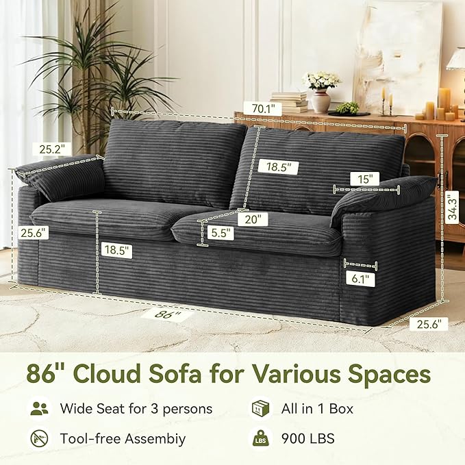 86" Loveseat Sofa Grey Corduroy Couch,Modern Cloud Sofa Love Seat, Deep Seat Slipcovered Sofa with 2 Wide Armrest Pillows for Small Spaces Apartment Studio Office Bedroom Living Room