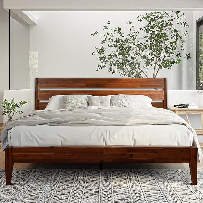 Acacia Emery Bed Frame with Headboard Solid Wood Platform Bed, King Size Bed Frame, Mid - Century Modern Wood Bed Compatible with All Mattresses, Easy Assembly, Non-Slip (Chocolate, King)