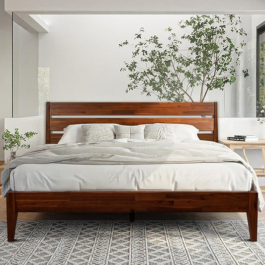 Acacia Emery Bed Frame with Headboard Solid Wood Platform Bed, King Size Bed Frame, Mid - Century Modern Wood Bed Compatible with All Mattresses, Easy Assembly, Non-Slip (Chocolate, King)