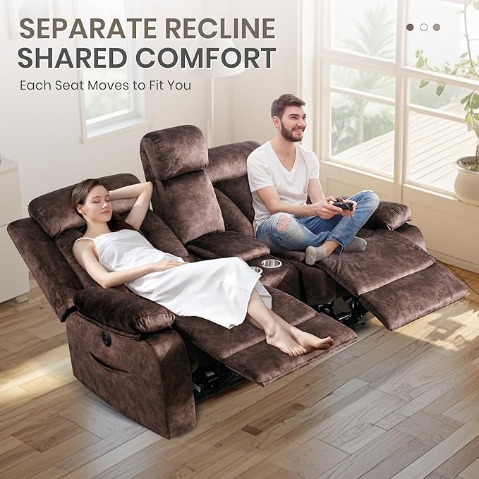 Power Reclining Loveseat with Heat & Massage, Dual Recliner Sofa with Console, Cup Holders, USB & Type-C Ports, 2 Seater Electric Reclining Couch for Living Room, RV (Brown, 2 Seat)